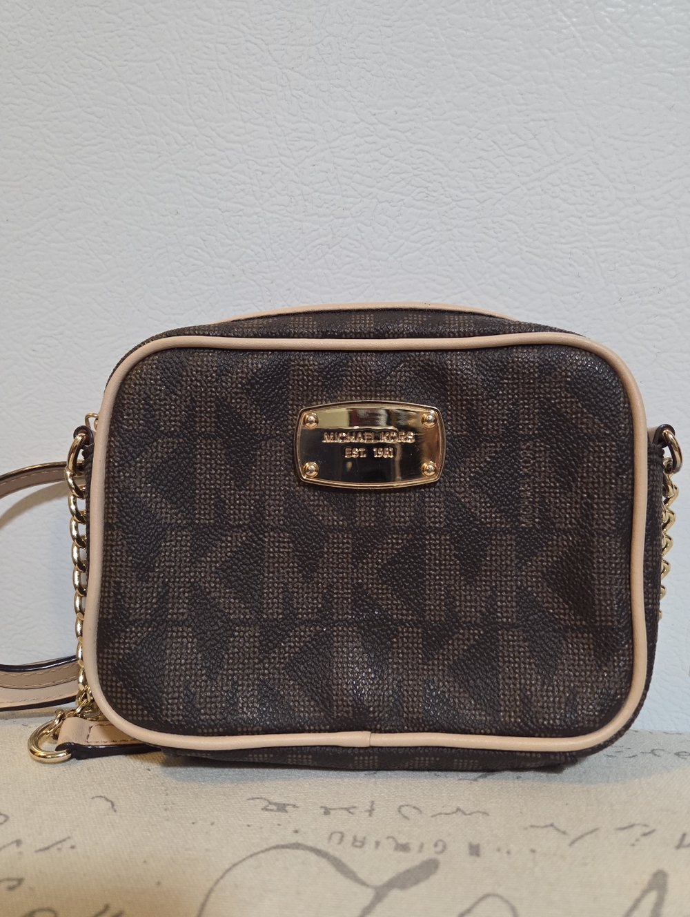 MICHAEL Michael Kors Dark Brown Monogram Camera Mini Crossbody Bag Gold Accents